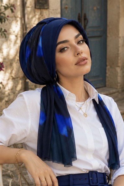 Lacivert Saks Mavi Batik Fularlı Şapka Bone