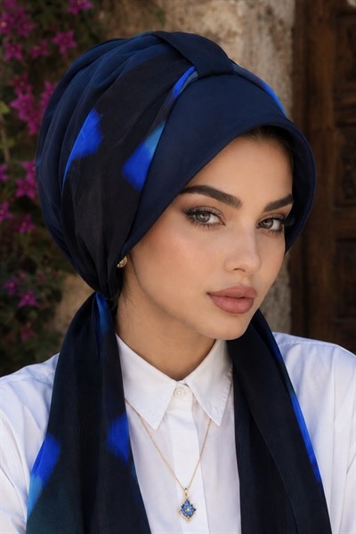 Lacivert Saks Mavi Batik Fularlı Şapka Bone