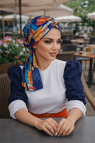 Lacivert Suluboya Büzgülü Eşarp Bone