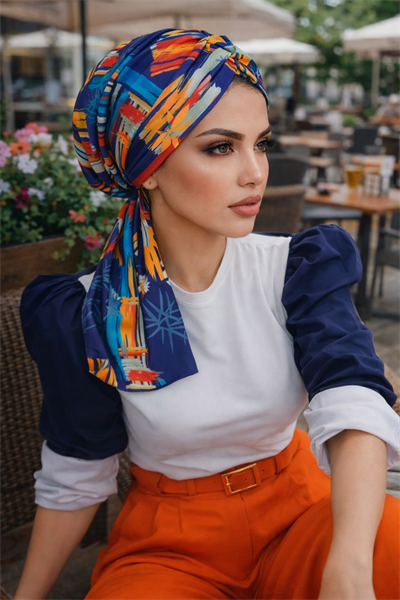 Lacivert Suluboya Büzgülü Eşarp Bone