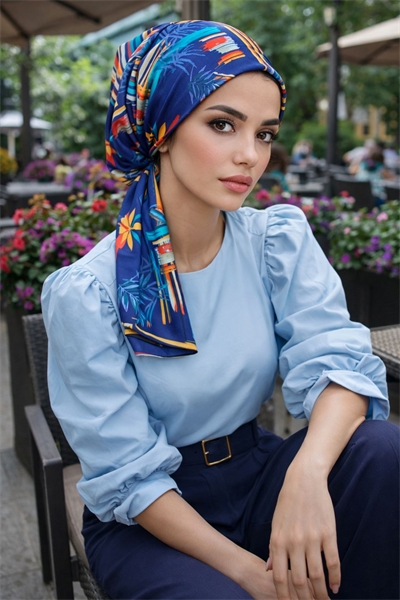 Lacivert Suluboya Desen Eşarp Bone