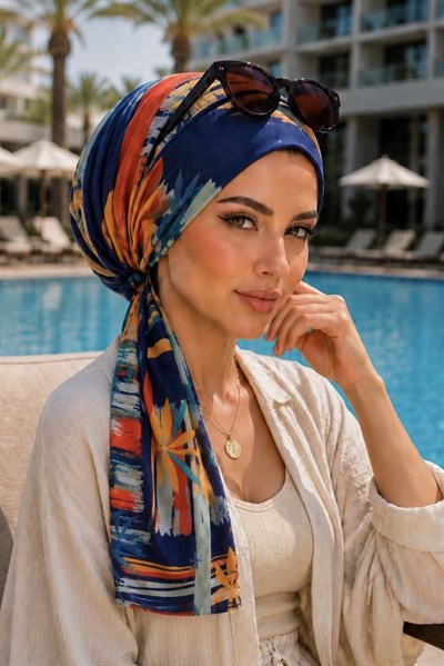 Lacivert Suluboya Desen Eşarp Bone