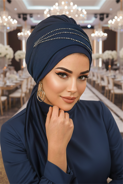 Lacivert Taşlı Atkılı Abiye Bone