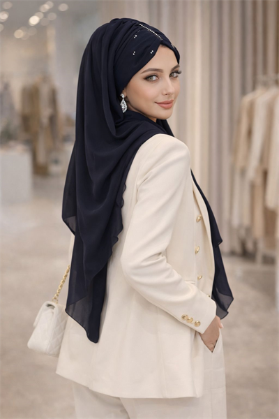 Koyu Lacivert Taşlı Şifon Abiye Şal