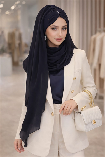 Koyu Lacivert Taşlı Şifon Abiye Şal