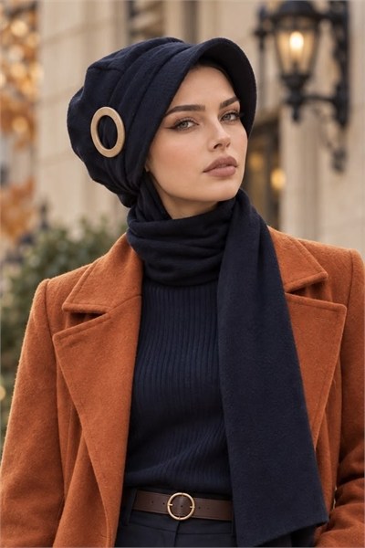 Lacivert Toka Detaylı Atkılı Şapka