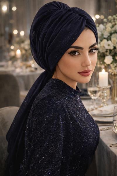 Lacivert Tokalı Abiye Bone Şal / Hazır Duvak