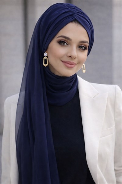 Lacivert Tül Hazır Burgu Hazır Şal