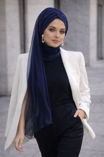 Lacivert Tül Hazır Burgu Hazır Şal