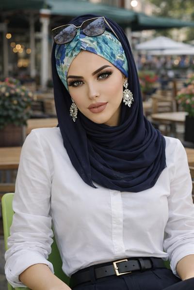 Lacivert Turkuaz Çiçek Desen Hazır Şal