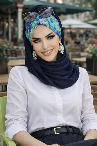 Lacivert Turkuaz Çiçek Desen Hazır Şal