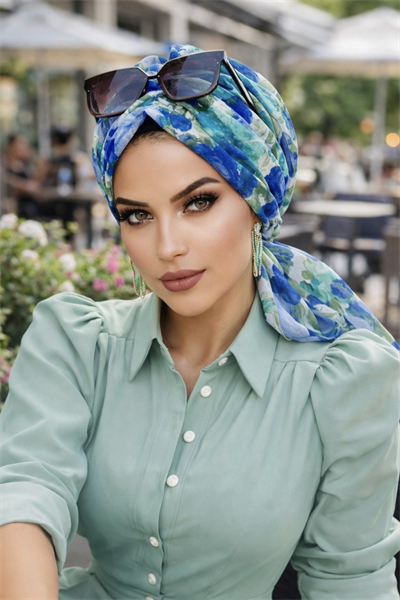 Lacivert Turkuaz Tonlu Çiçekli Tokalı Bone