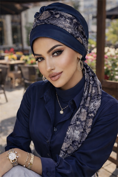 Lacivert Yılan Derisi Desen Fularlı Bone