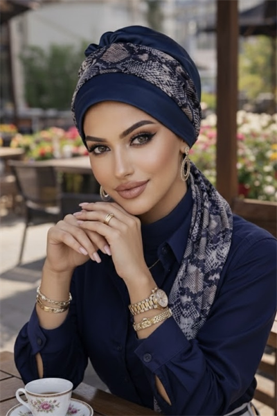 Lacivert Yılan Derisi Desen Fularlı Bone