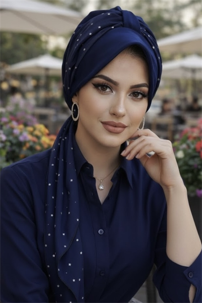 Lacivert Yıldız Desen Fularlı Şapka Bone