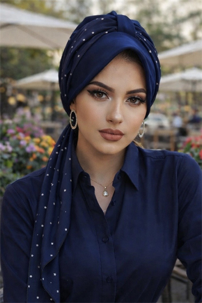 Lacivert Yıldız Desen Fularlı Şapka Bone