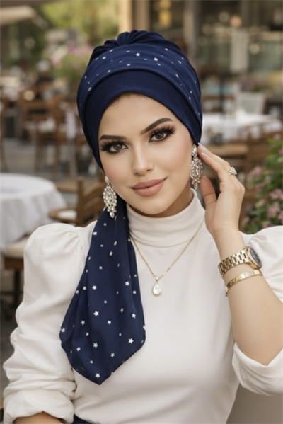 Lacivert Yıldız Fularlı Bone-40602