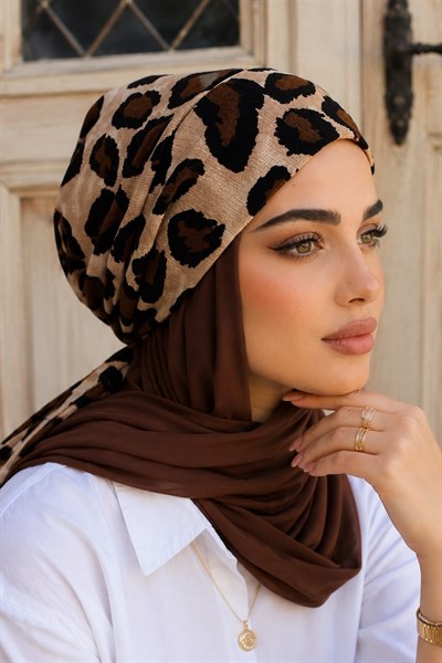 Leopar Desenli Hazır Eşarp Bone