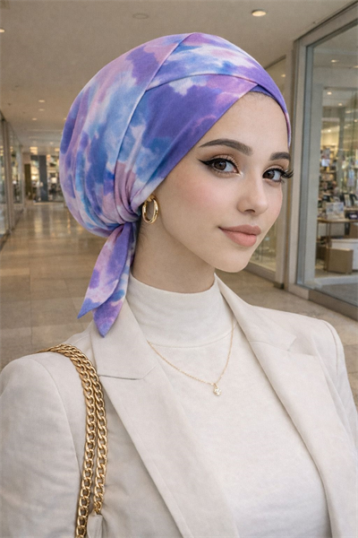 Lila Beyaz Batik Çapraz Bantlı Bone