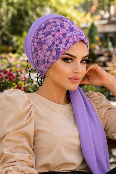 Lila Çiçek Bandana Hazır Şal