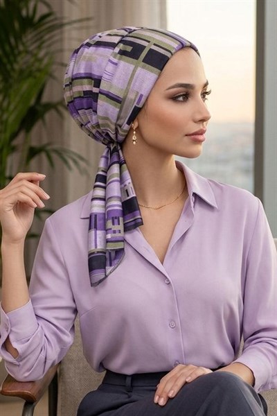 Lila Geometrik Desen Eşarp Bone