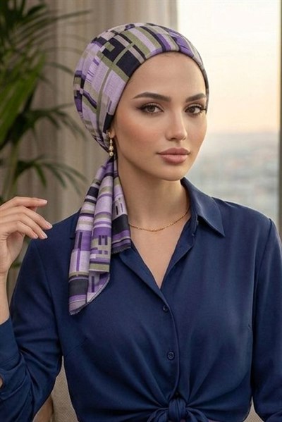 Lila Geometrik Desen Eşarp Bone