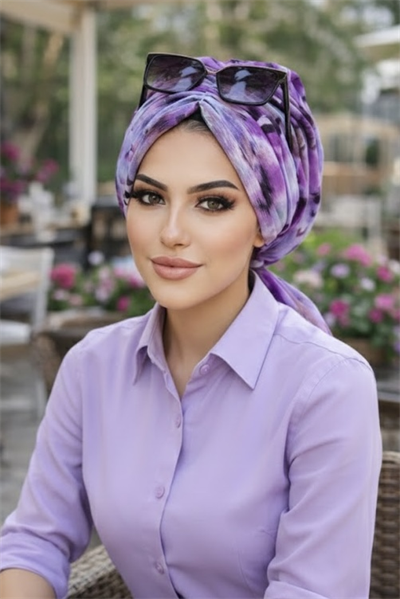 Lila Gri Çiçek Desen Tokalı Bone