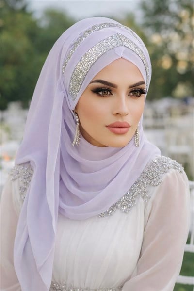 Lila Gümüş Çapraz Bant Abiye Double Şal