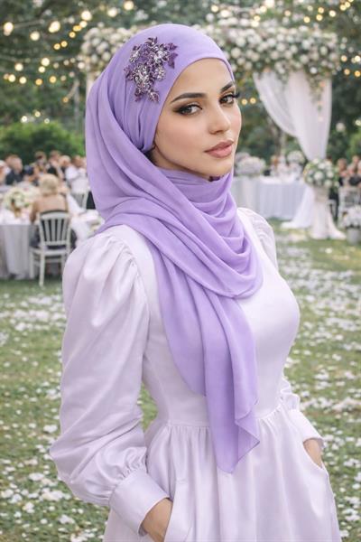 Lila Nakışlı Bandana Abiye Şal