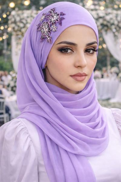 Lila Nakışlı Bandana Abiye Şal