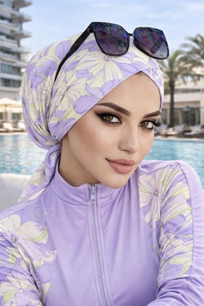 Lila Sarı Desenli Çapraz Havuz - Deniz Bonesi