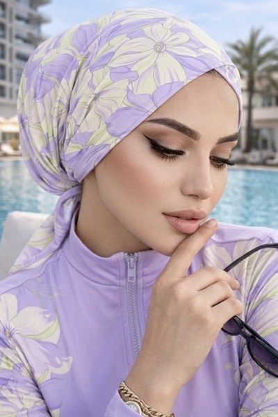 Lila Sarı Desenli Çapraz Havuz - Deniz Bonesi