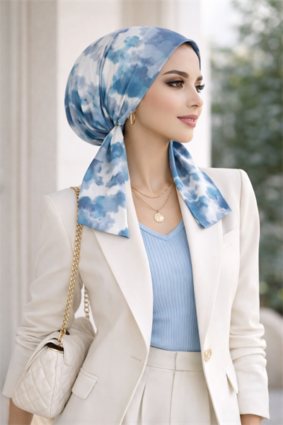 Mavi Batik Desen Eşarp Bone