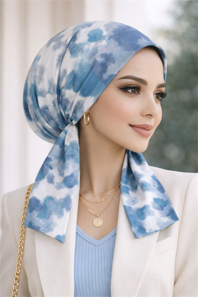 Mavi Batik Desen Eşarp Bone