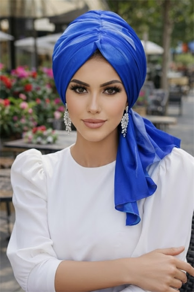 Mavi Batik Desen Tül Tokalı Bone