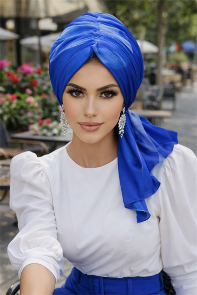 Mavi Batik Desen Tül Tokalı Bone