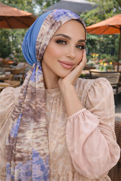 Mavi Bej Batik Desen Eşarp Bone