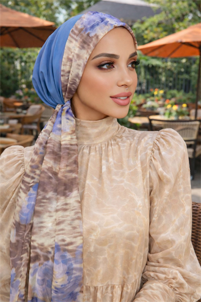 Mavi Bej Batik Desen Eşarp Bone
