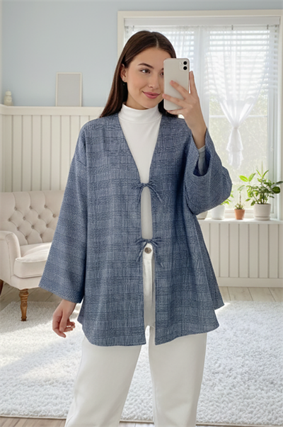 Mavi Ekose Önü Bağlamalı Kimono Tunik / 85 CM BOY
