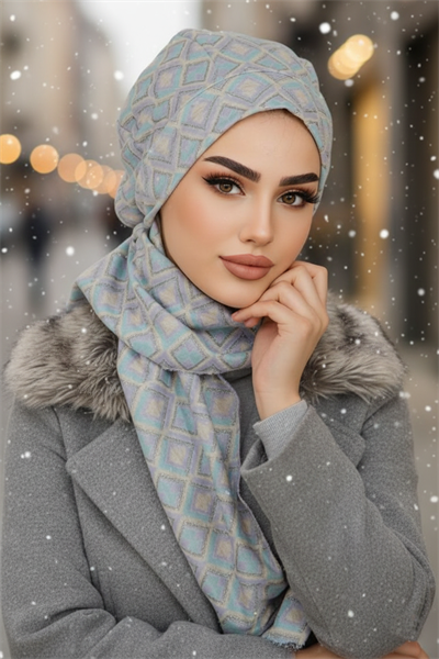 Mavi Gri Desenli Tesettür Bere