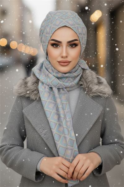 Mavi Gri Desenli Tesettür Bere