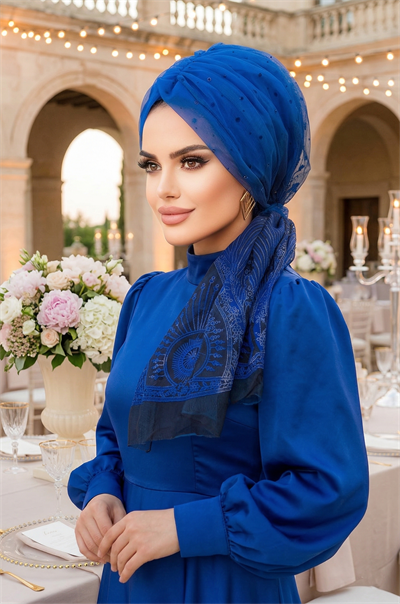 Mavi Siyah Etnik Desen Flok Baskılı Tül Abiye Tokalı Bone