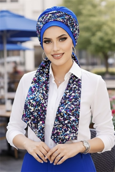 Mavi Siyah Puan Fularlı Bone