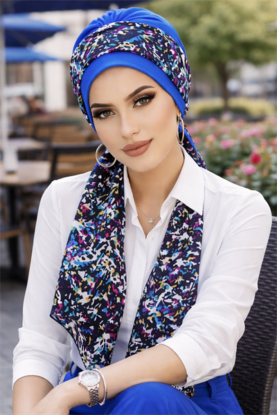 Mavi Siyah Puan Fularlı Bone