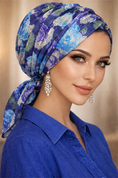 Mavi Turkuaz Çiçek Desenli Tokalı Bone