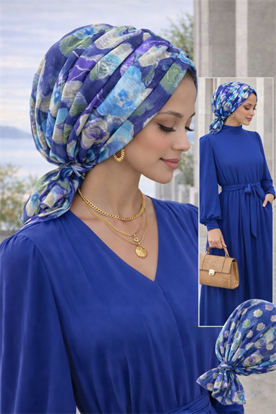 Mavi Turkuaz Çiçek Desenli Tokalı Bone