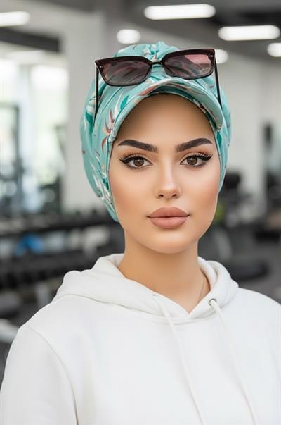 Mint Desenli Tesettür Şapka Bone