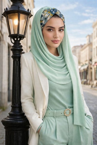 Mint Hardal Desenli Burgu Hazır Şal