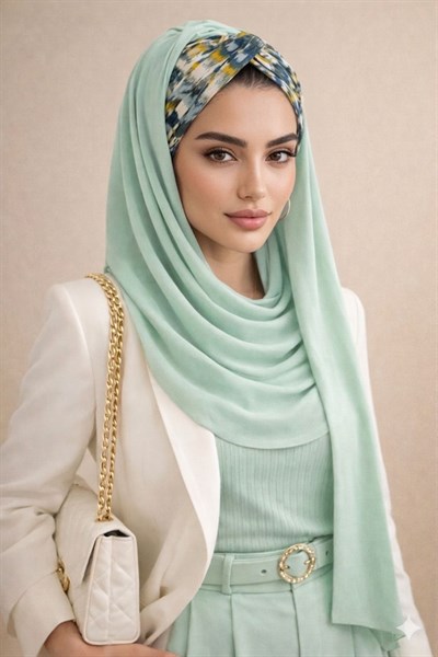 Mint Hardal Desenli Burgu Hazır Şal