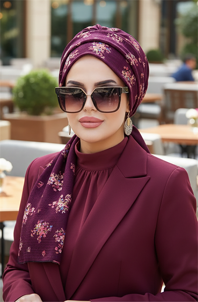 Mürdüm Buket Desenli Atkılı Bone